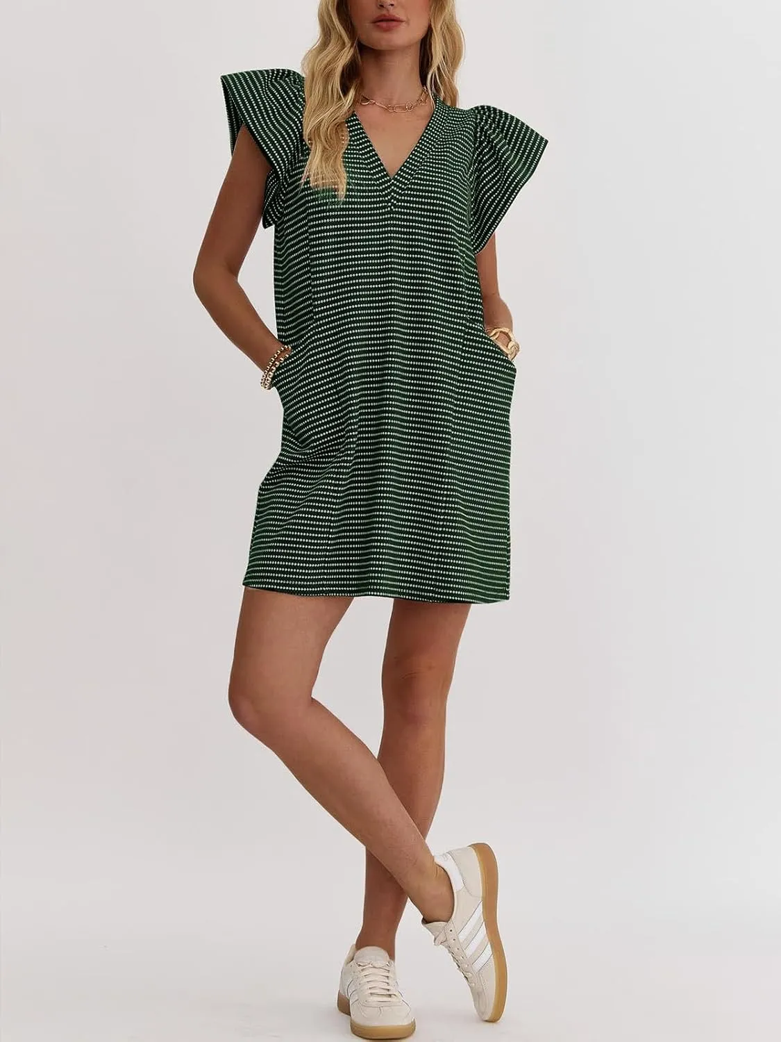 Striped V-Neck Mini Dress for Women Puff Sleeve Casual Dress with Pockets, Comfortable & Stylish for Summer