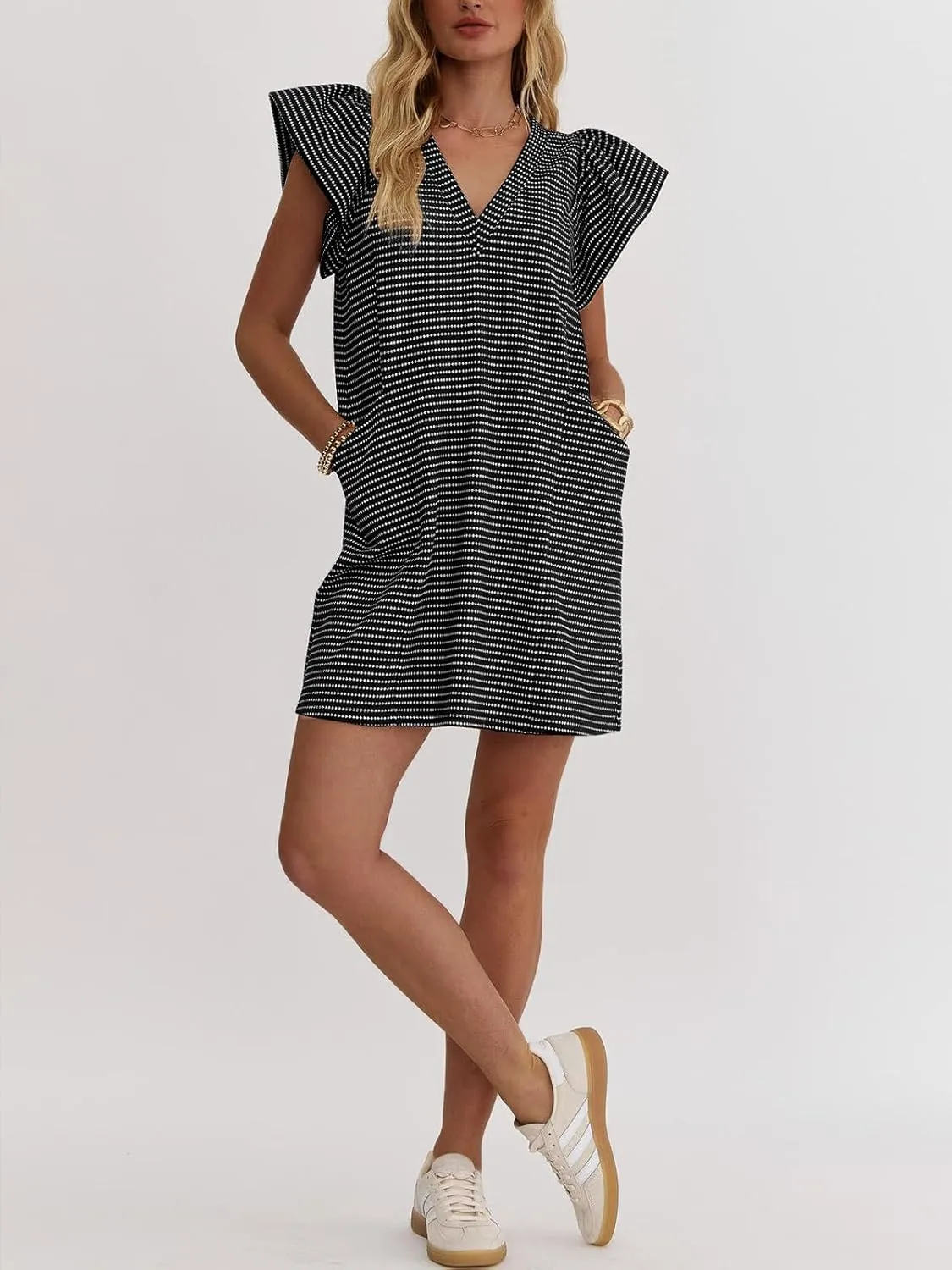 Striped V-Neck Mini Dress for Women Puff Sleeve Casual Dress with Pockets, Comfortable & Stylish for Summer
