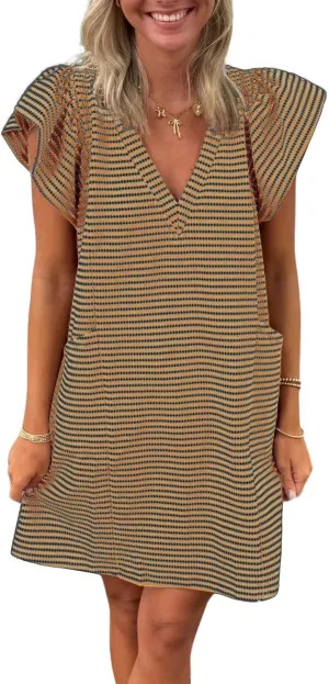 Striped V-Neck Mini Dress for Women Puff Sleeve Casual Dress with Pockets, Comfortable & Stylish for Summer