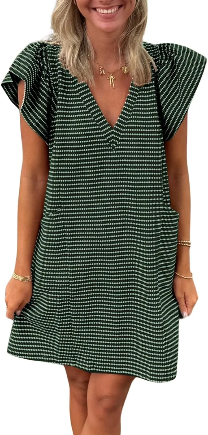 Striped V-Neck Mini Dress for Women Puff Sleeve Casual Dress with Pockets, Comfortable & Stylish for Summer