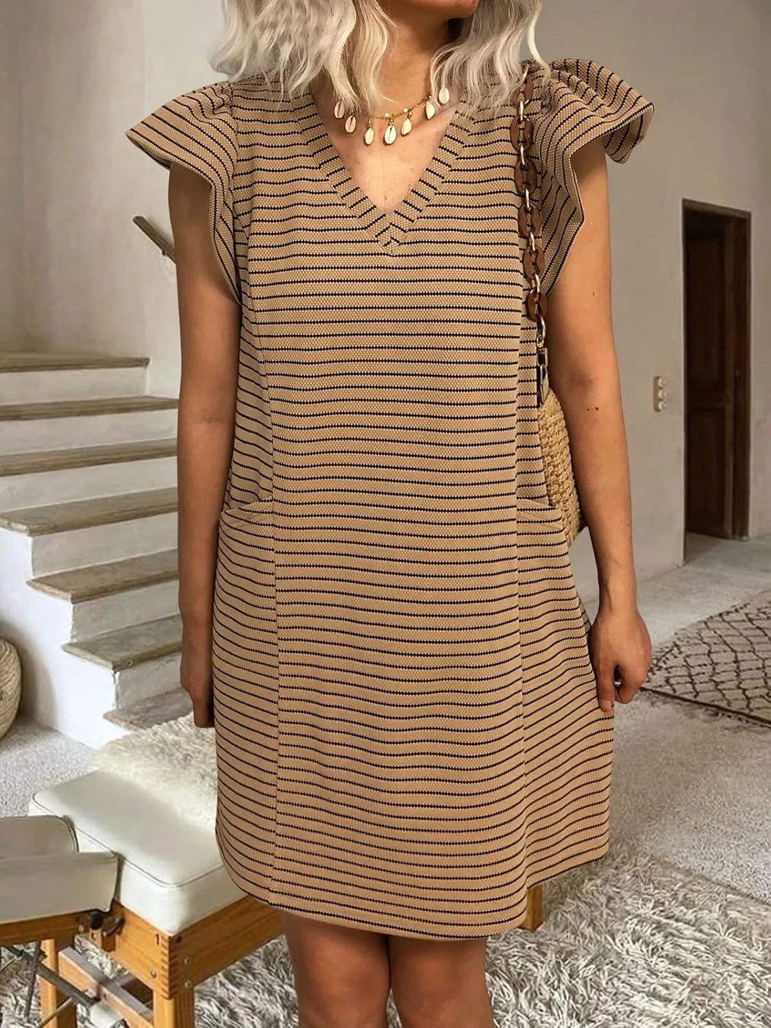 Striped V-Neck Mini Dress for Women Puff Sleeve Casual Dress with Pockets, Comfortable & Stylish for Summer