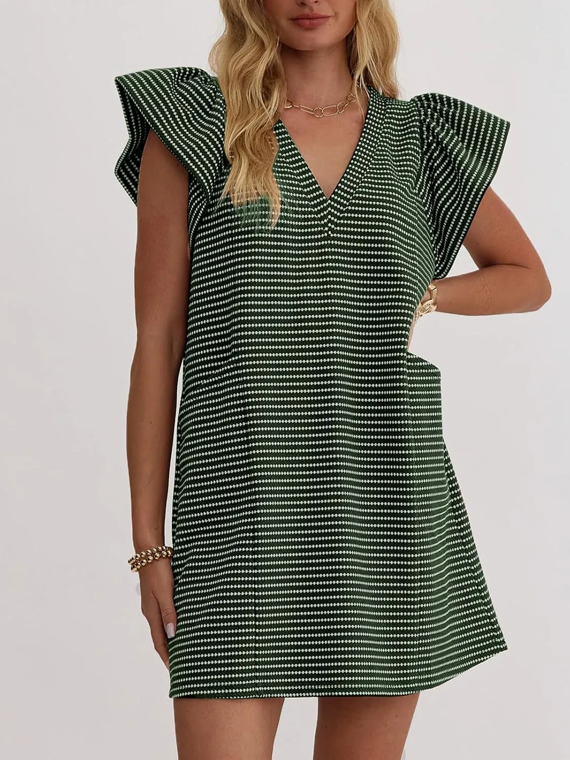 Striped V-Neck Mini Dress for Women Puff Sleeve Casual Dress with Pockets, Comfortable & Stylish for Summer