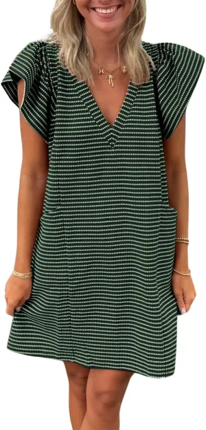 Striped V-Neck Mini Dress for Women Puff Sleeve Casual Dress with Pockets, Comfortable & Stylish for Summer