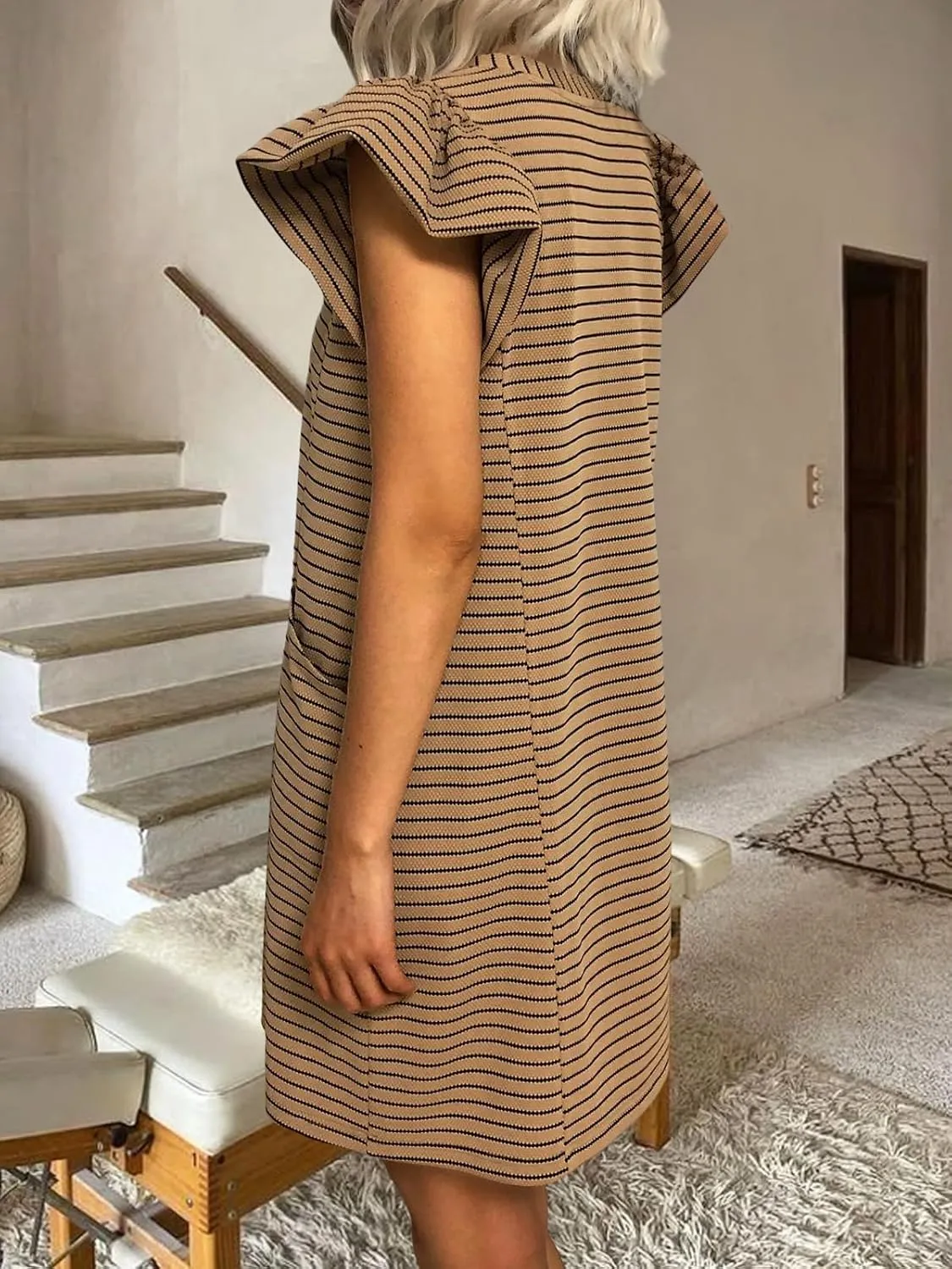 Striped V-Neck Mini Dress for Women Puff Sleeve Casual Dress with Pockets, Comfortable & Stylish for Summer