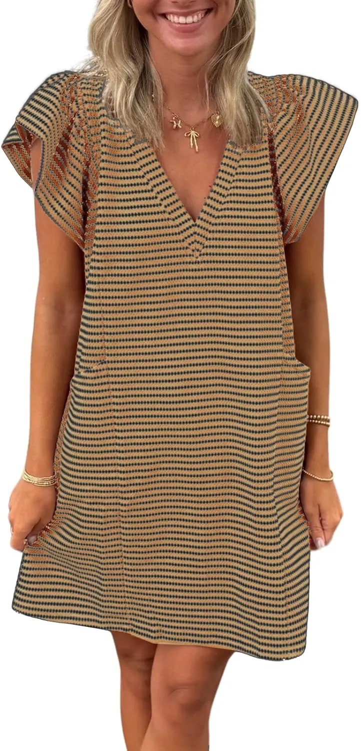 Striped V-Neck Mini Dress for Women Puff Sleeve Casual Dress with Pockets, Comfortable & Stylish for Summer