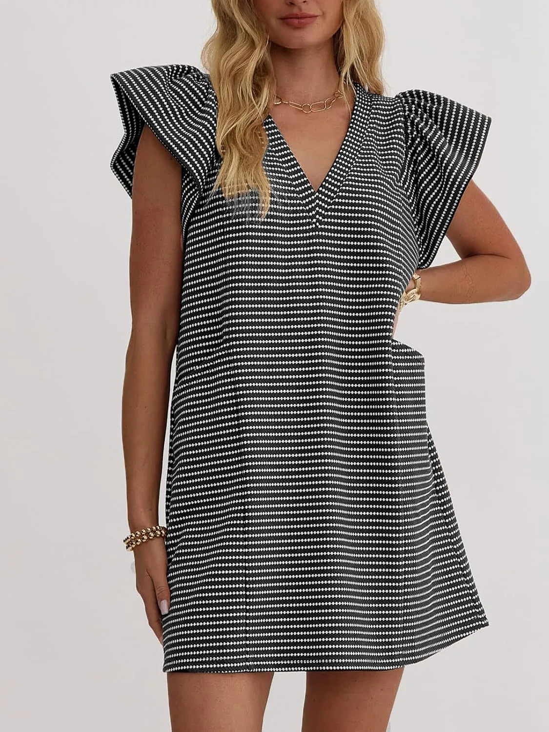 Striped V-Neck Mini Dress for Women Puff Sleeve Casual Dress with Pockets, Comfortable & Stylish for Summer