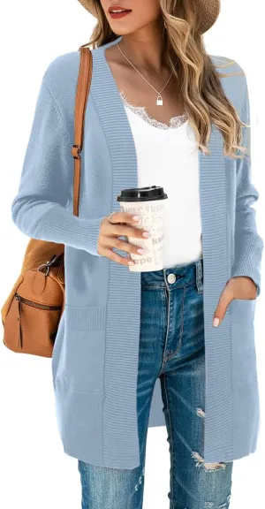 SUEANI Women's Open Front Casual Long Sleeve Knitwear Classic Sweaters Cardigan with Pockets