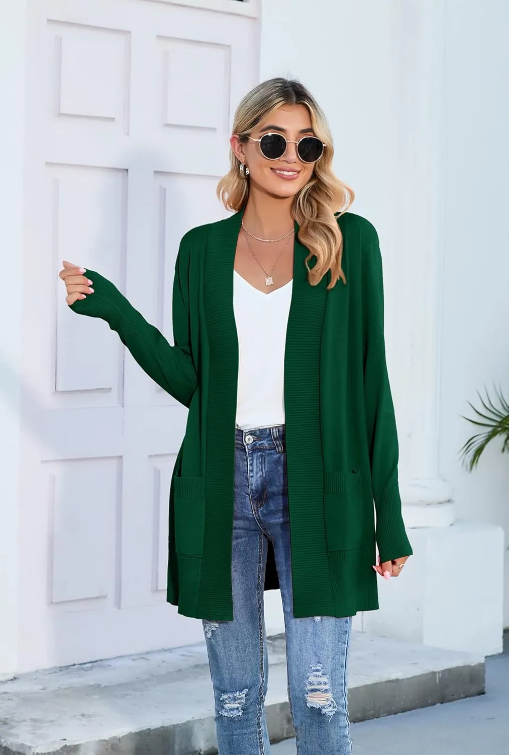 SUEANI Women's Open Front Casual Long Sleeve Knitwear Classic Sweaters Cardigan with Pockets