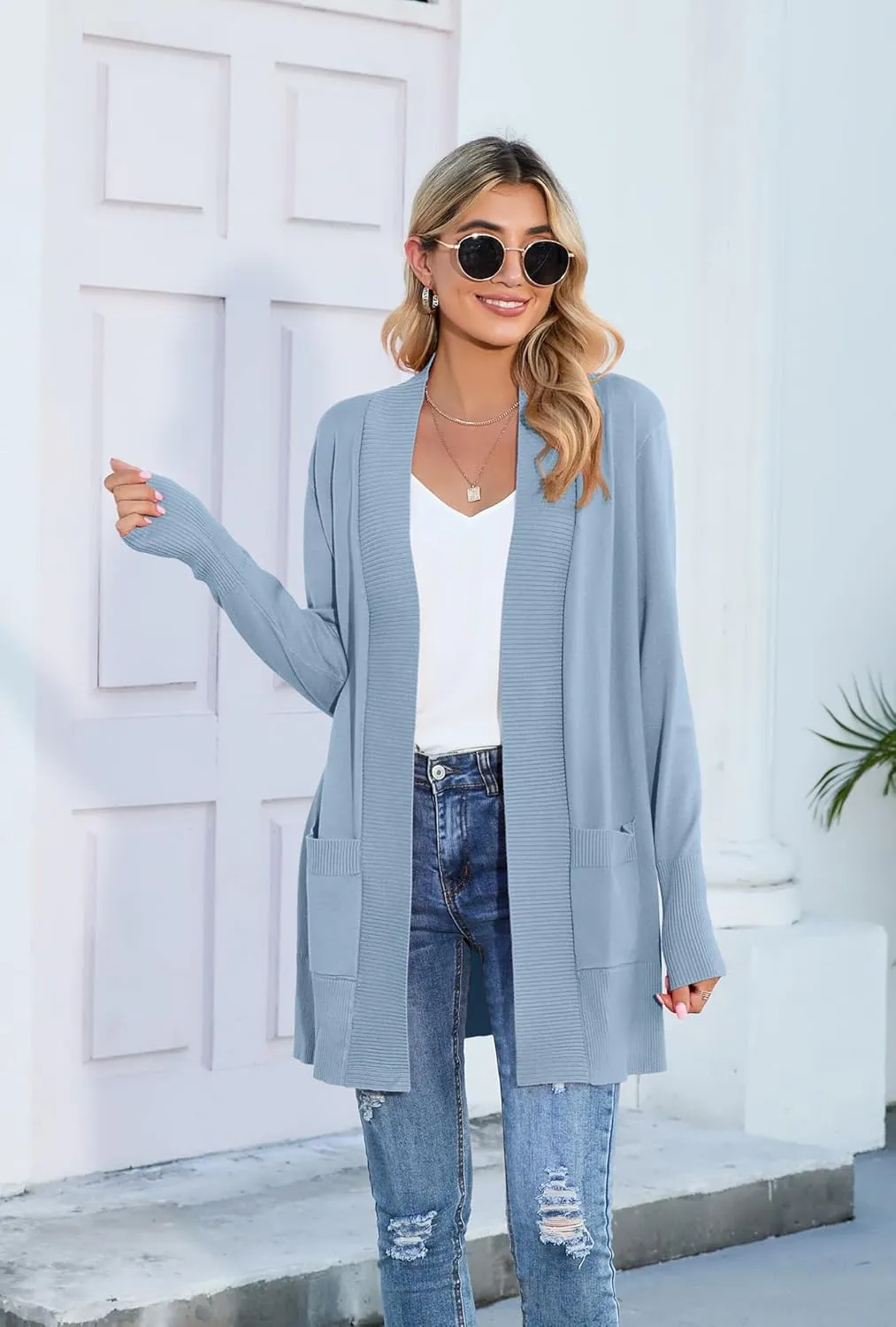 SUEANI Women's Open Front Casual Long Sleeve Knitwear Classic Sweaters Cardigan with Pockets