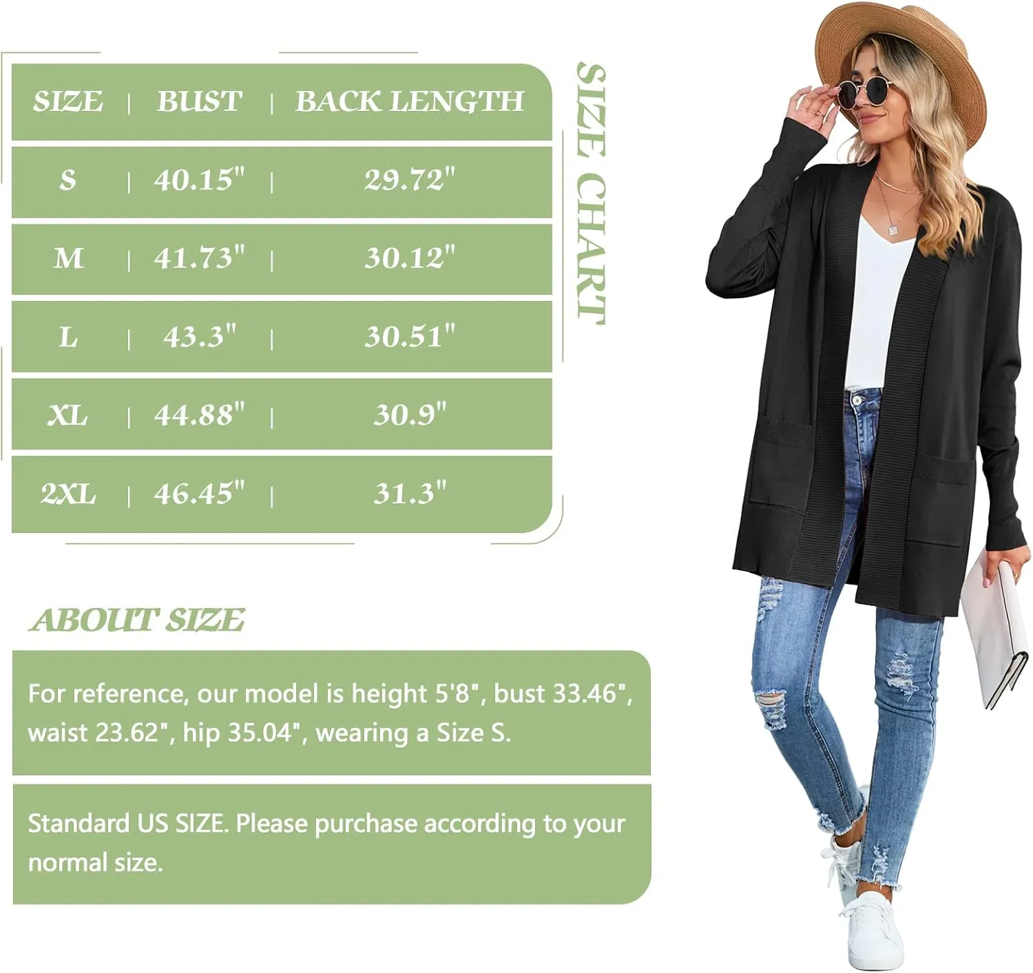 SUEANI Women's Open Front Casual Long Sleeve Knitwear Classic Sweaters Cardigan with Pockets