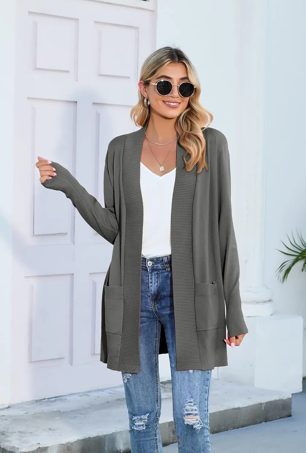SUEANI Women's Open Front Casual Long Sleeve Knitwear Classic Sweaters Cardigan with Pockets