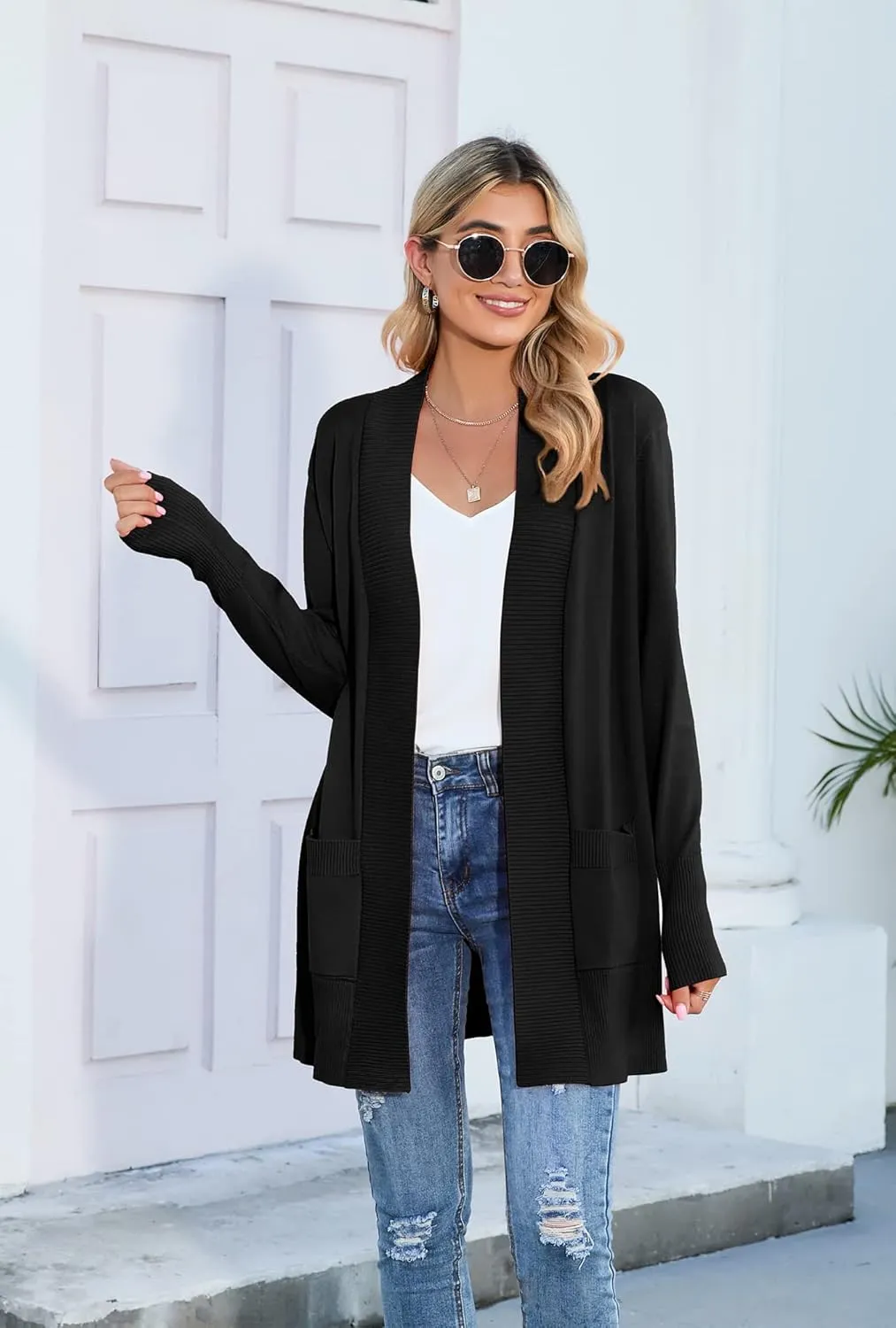 SUEANI Women's Open Front Casual Long Sleeve Knitwear Classic Sweaters Cardigan with Pockets