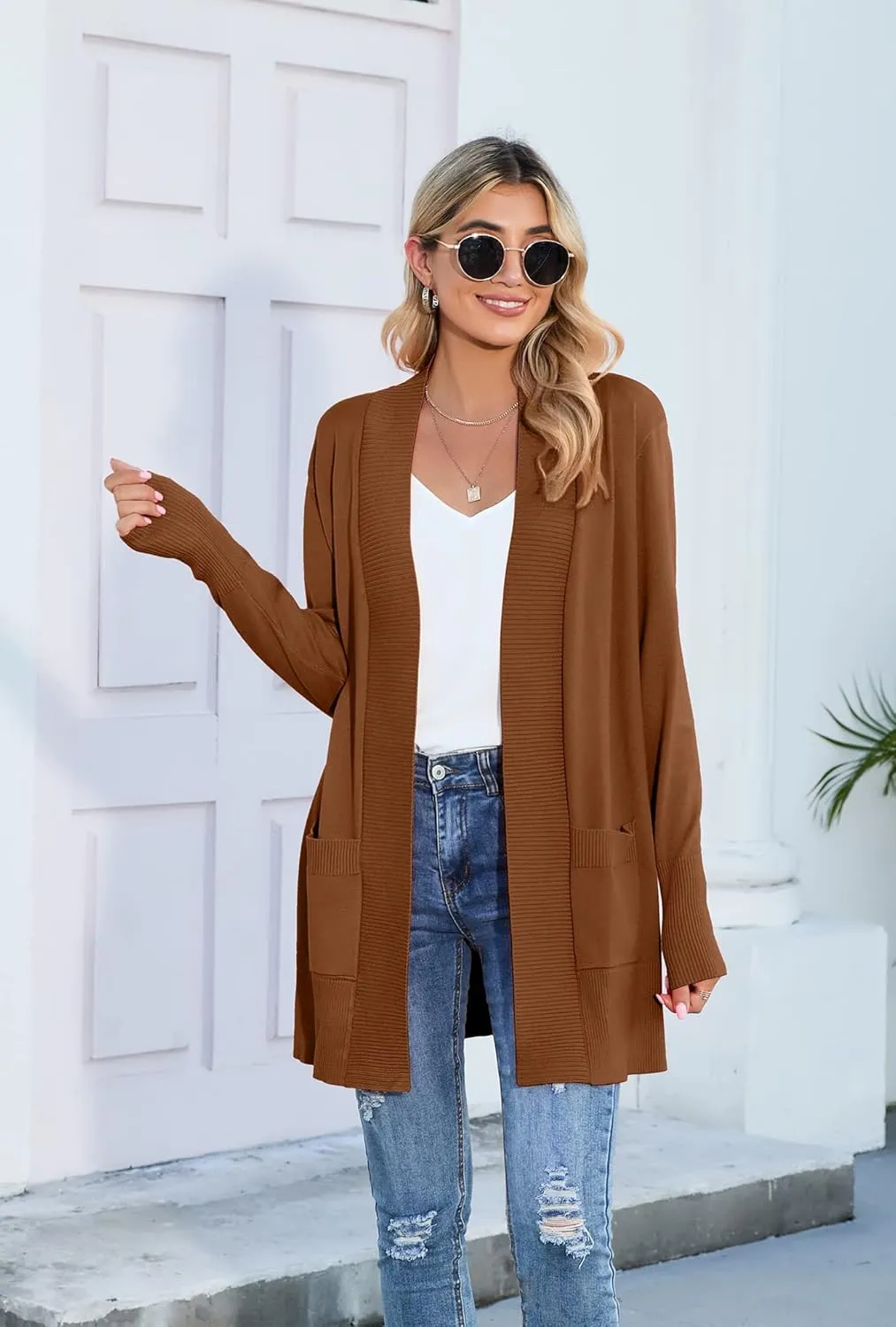 SUEANI Women's Open Front Casual Long Sleeve Knitwear Classic Sweaters Cardigan with Pockets