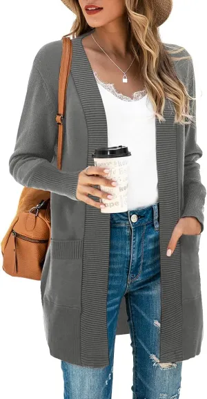 SUEANI Women's Open Front Casual Long Sleeve Knitwear Classic Sweaters Cardigan with Pockets
