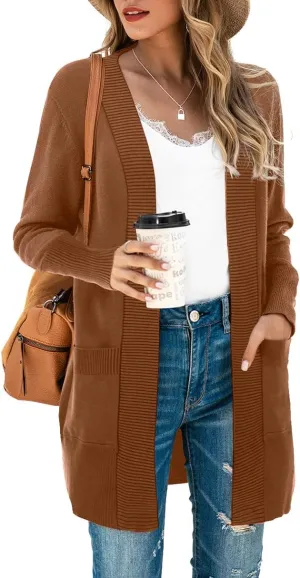 SUEANI Women's Open Front Casual Long Sleeve Knitwear Classic Sweaters Cardigan with Pockets