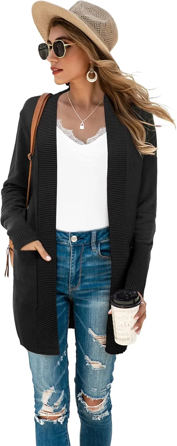 SUEANI Women's Open Front Casual Long Sleeve Knitwear Classic Sweaters Cardigan with Pockets