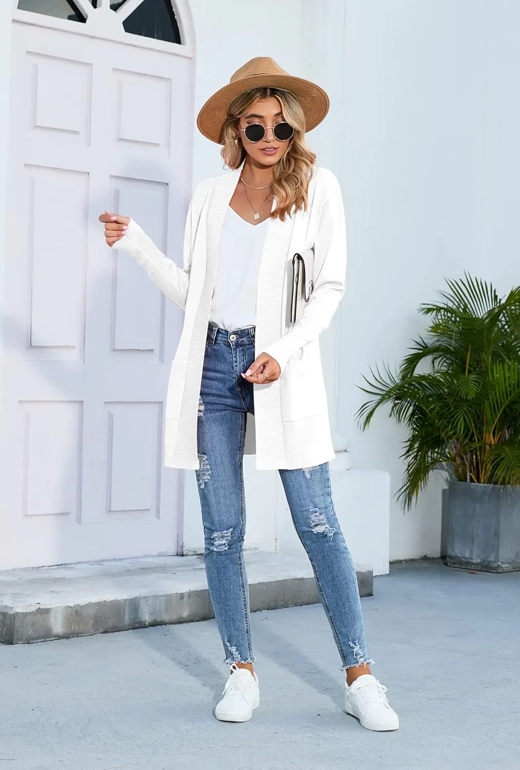 SUEANI Women's Open Front Casual Long Sleeve Knitwear Classic Sweaters Cardigan with Pockets