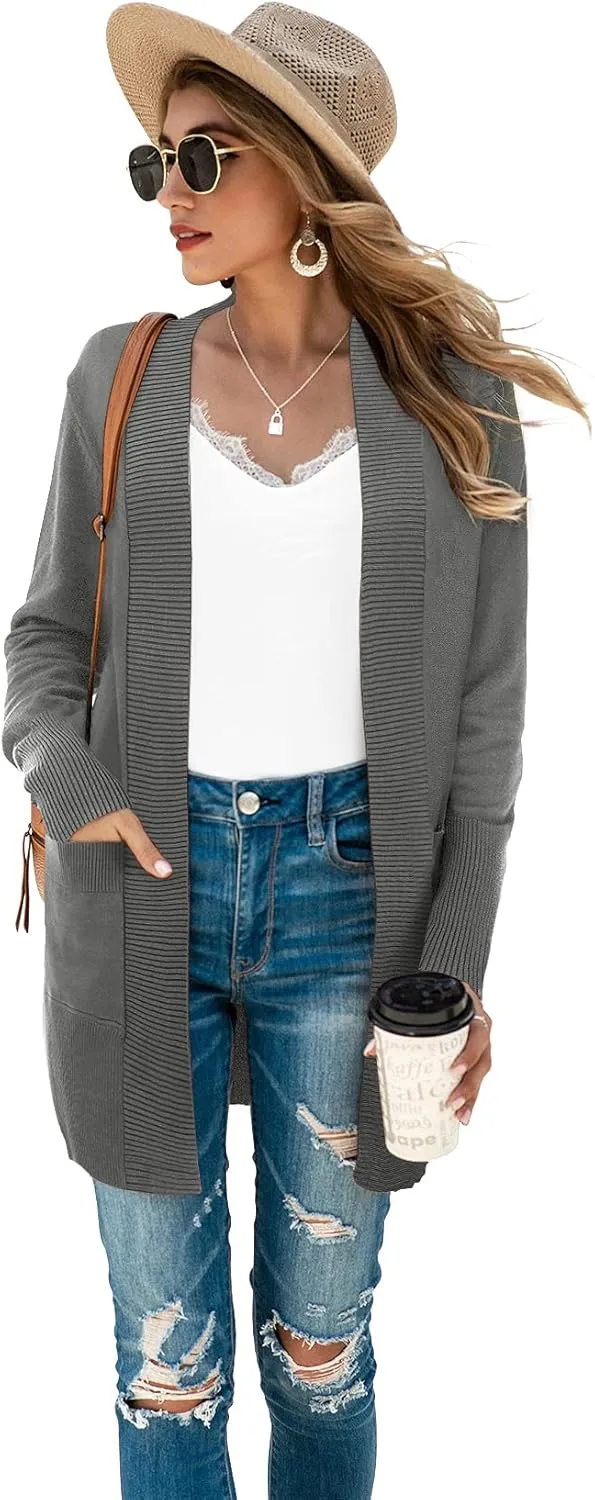 SUEANI Women's Open Front Casual Long Sleeve Knitwear Classic Sweaters Cardigan with Pockets