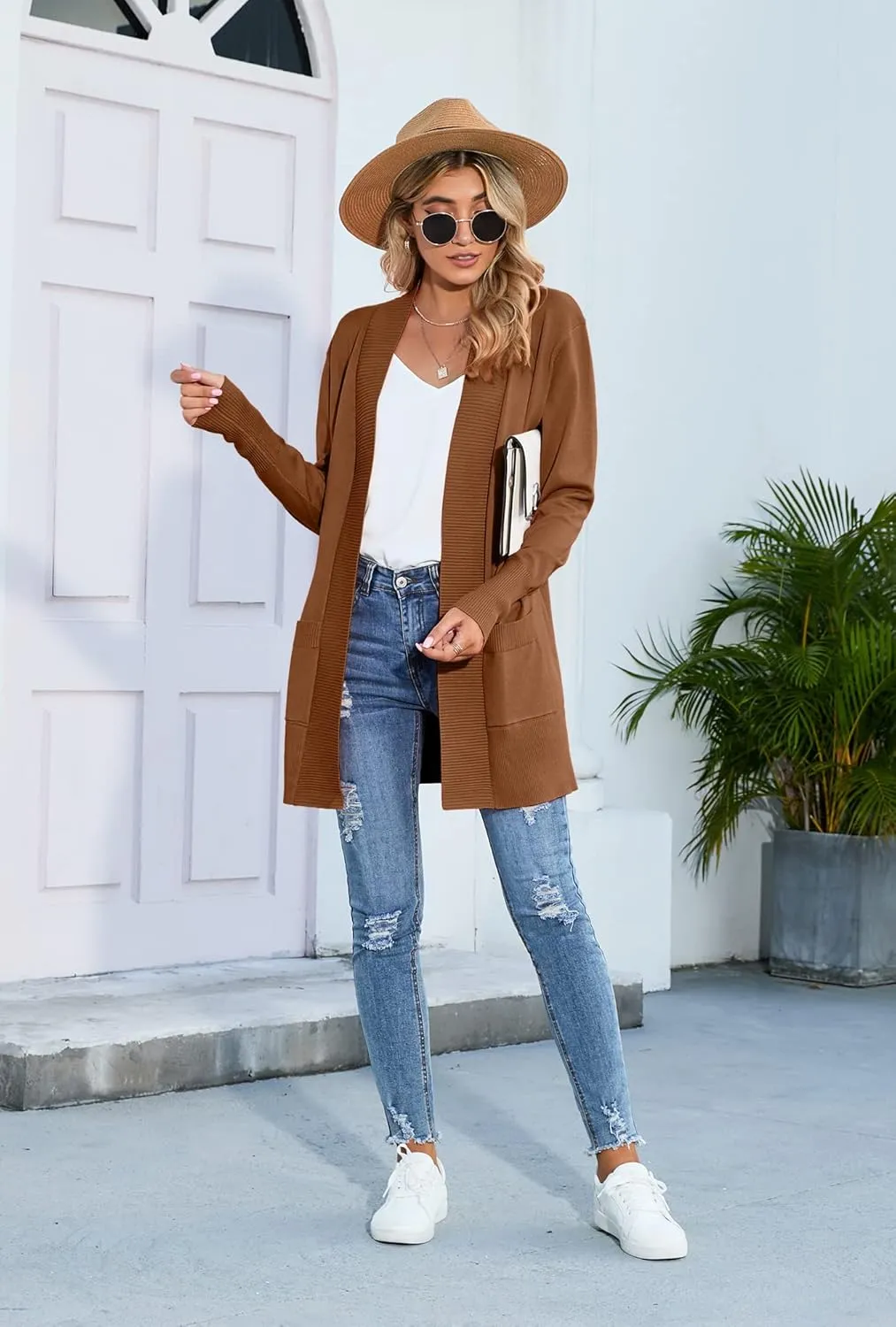 SUEANI Women's Open Front Casual Long Sleeve Knitwear Classic Sweaters Cardigan with Pockets