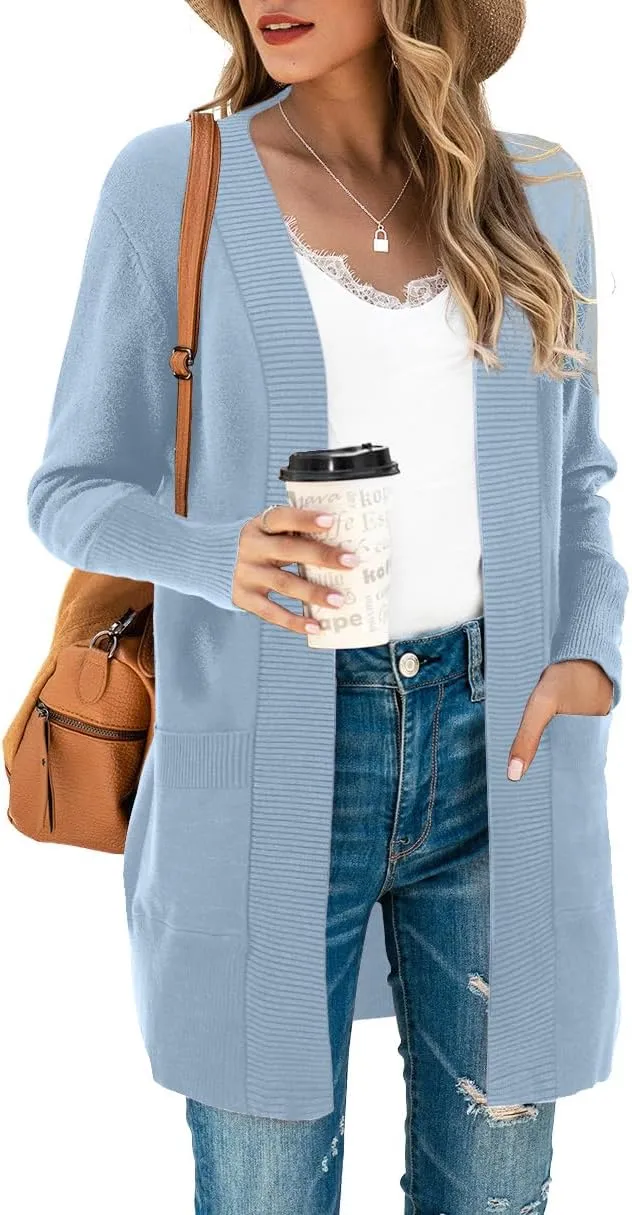 SUEANI Women's Open Front Casual Long Sleeve Knitwear Classic Sweaters Cardigan with Pockets