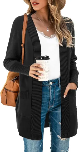 SUEANI Women's Open Front Casual Long Sleeve Knitwear Classic Sweaters Cardigan with Pockets