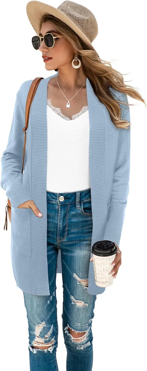 SUEANI Women's Open Front Casual Long Sleeve Knitwear Classic Sweaters Cardigan with Pockets