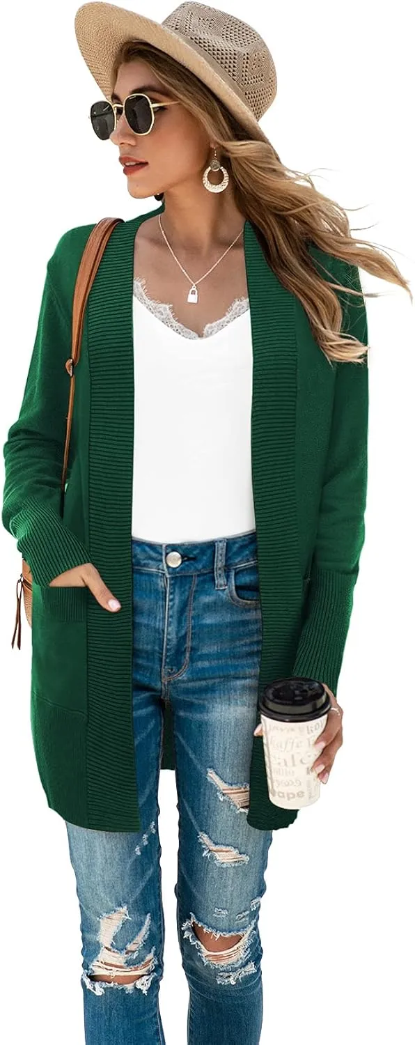 SUEANI Women's Open Front Casual Long Sleeve Knitwear Classic Sweaters Cardigan with Pockets