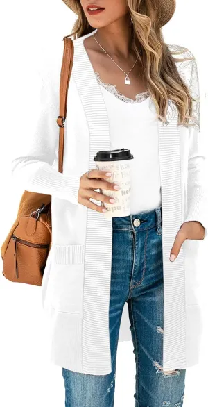 SUEANI Women's Open Front Casual Long Sleeve Knitwear Classic Sweaters Cardigan with Pockets