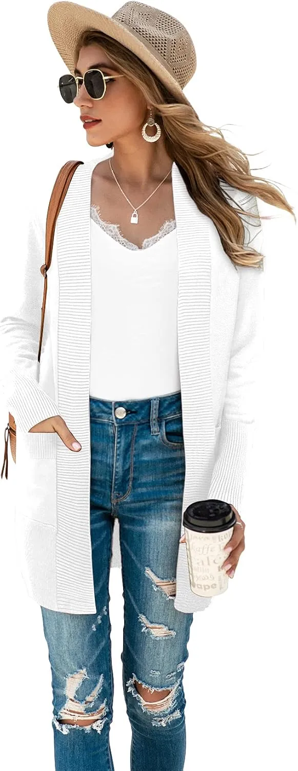 SUEANI Women's Open Front Casual Long Sleeve Knitwear Classic Sweaters Cardigan with Pockets