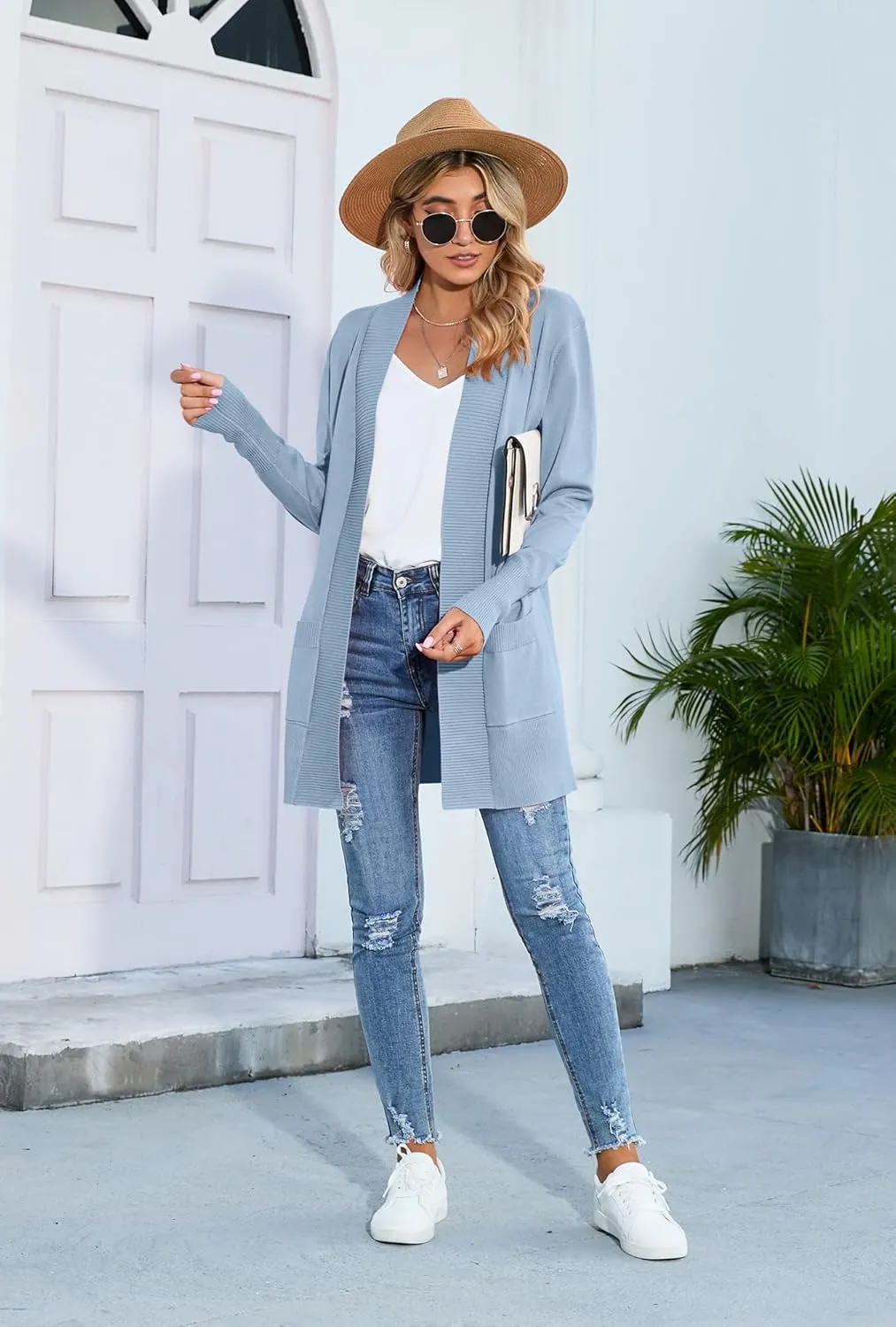 SUEANI Women's Open Front Casual Long Sleeve Knitwear Classic Sweaters Cardigan with Pockets