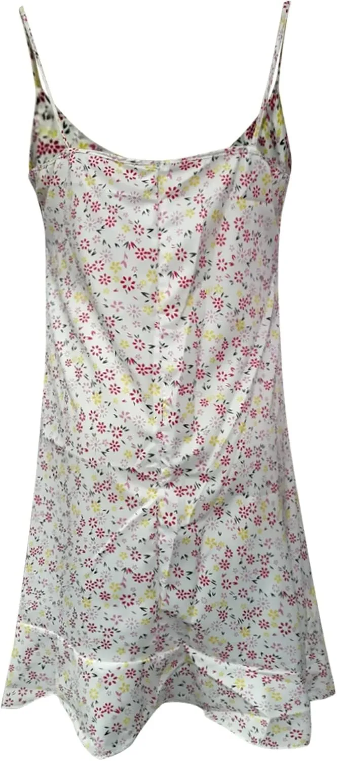 Summer Dresses for Women 2024 Sexy Camisole Sleveless Floral Print Ruched Ruffle Hem Stretch Soft Comfortable Dress