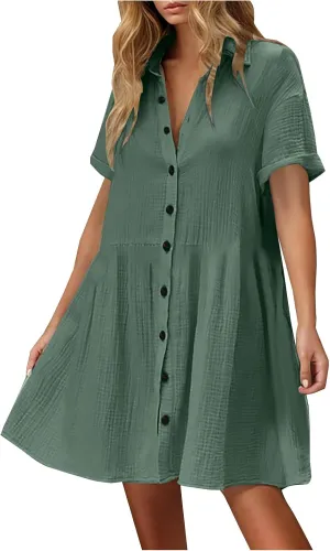 Summer Dresses for Women 2025 Trendy Linen Cotton Short Sleeve Sundressses Button Down Wedding Guest Mini Outfits