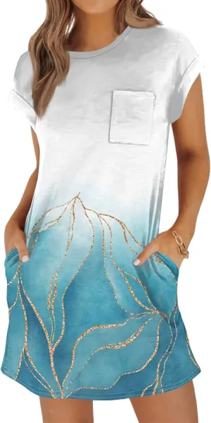 Summer Dresses for Women Print Short Sleeve Dress Casual Sundresses Beach Vacation Dress T Shirt Dress with Pockets