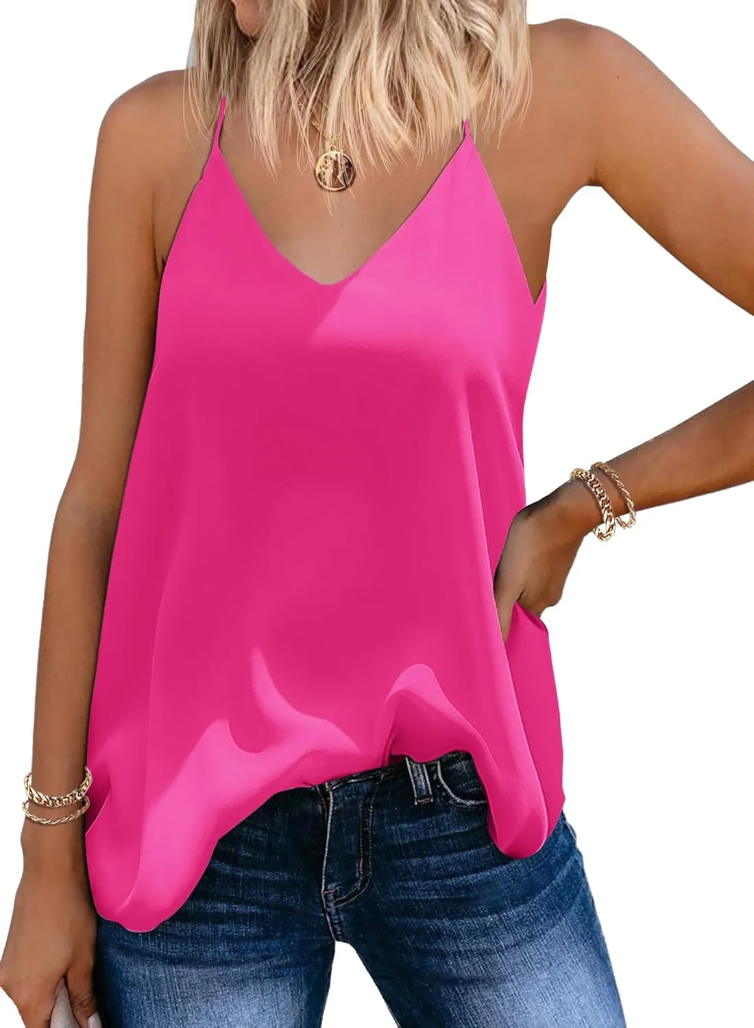 SUNAELIA Chiffon Cami V Neck Tank Tops for Women Loose Fit Flowy Spaghetti Strap Camisole Summer Casual Sleeveless Shirts