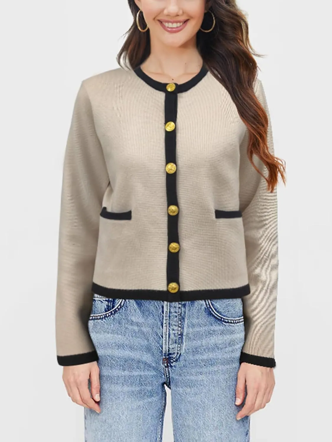 SuperPrity Cardigan Sweaters for Women Long Sleeve Button Down Cropped Knit Coat Jacket with Pocket 2024 Fashion Fall Outfits
