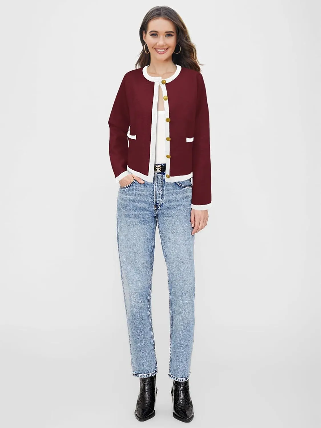 SuperPrity Cardigan Sweaters for Women Long Sleeve Button Down Cropped Knit Coat Jacket with Pocket 2024 Fashion Fall Outfits