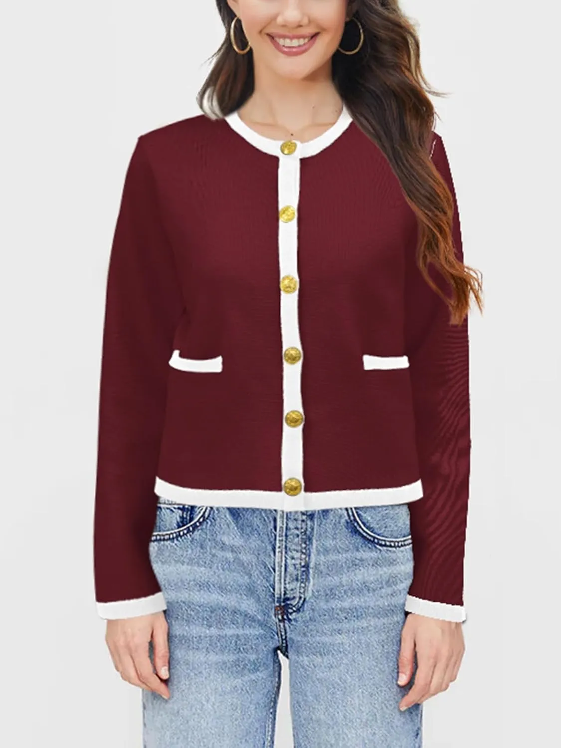 SuperPrity Cardigan Sweaters for Women Long Sleeve Button Down Cropped Knit Coat Jacket with Pocket 2024 Fashion Fall Outfits