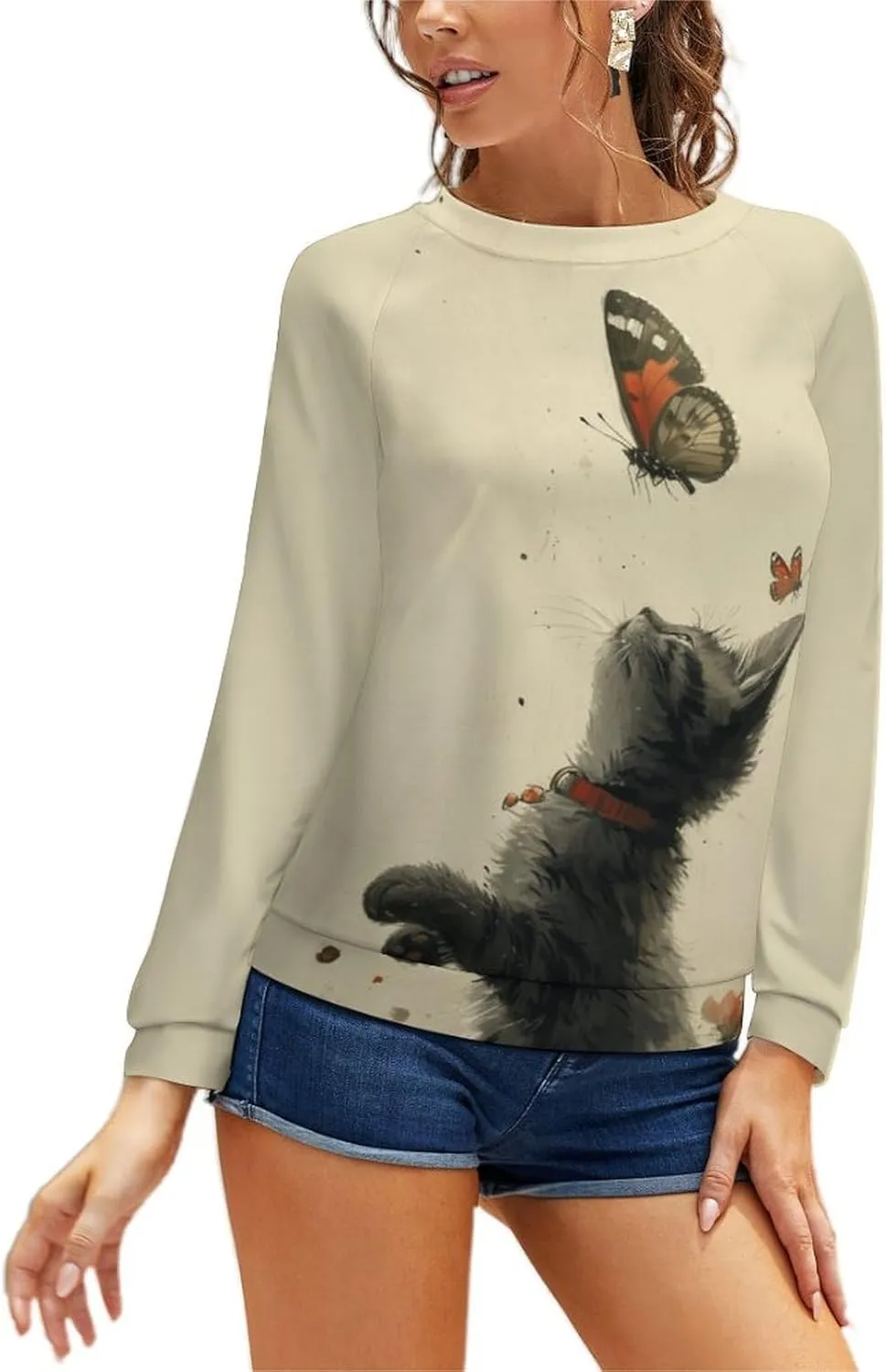Sweatshirt for Women Cute Cat Print Crewneck Casual Vacation Cotton Fashion Funny Winter Oversized Sweaters