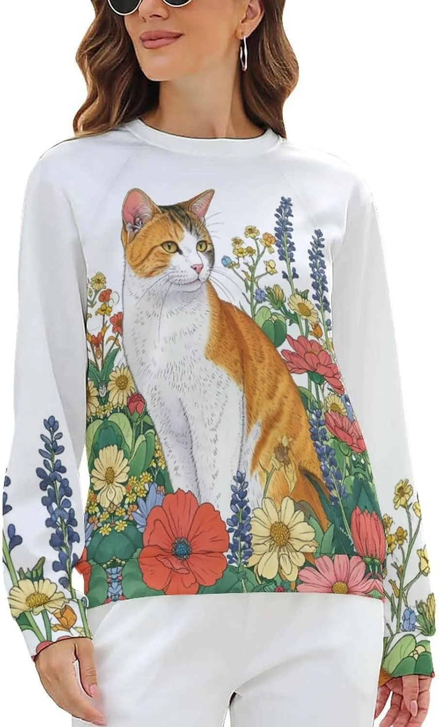 Sweatshirt for Women Cute Cat Print Crewneck Casual Vacation Cotton Fashion Funny Winter Oversized Sweaters