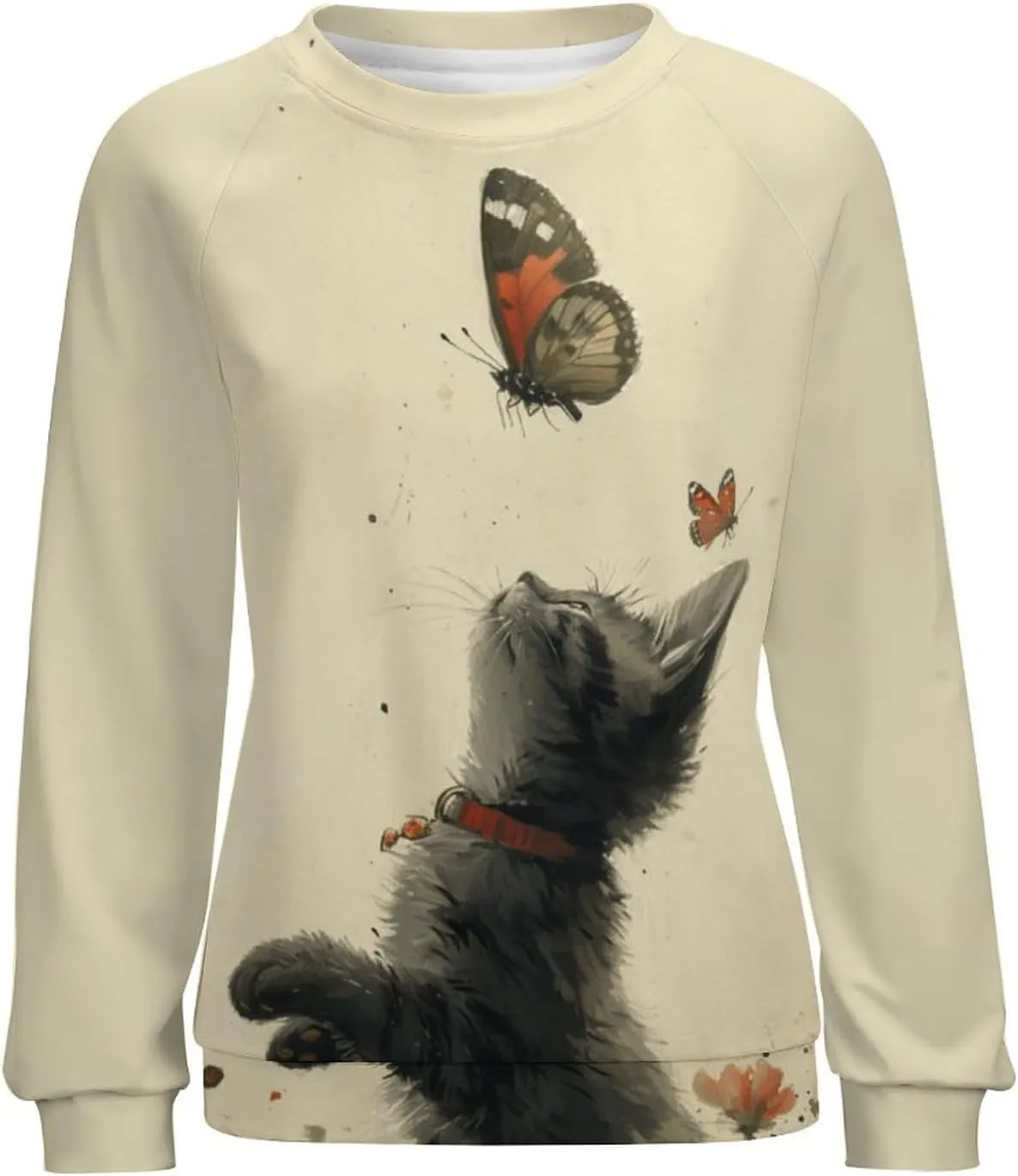 Sweatshirt for Women Cute Cat Print Crewneck Casual Vacation Cotton Fashion Funny Winter Oversized Sweaters