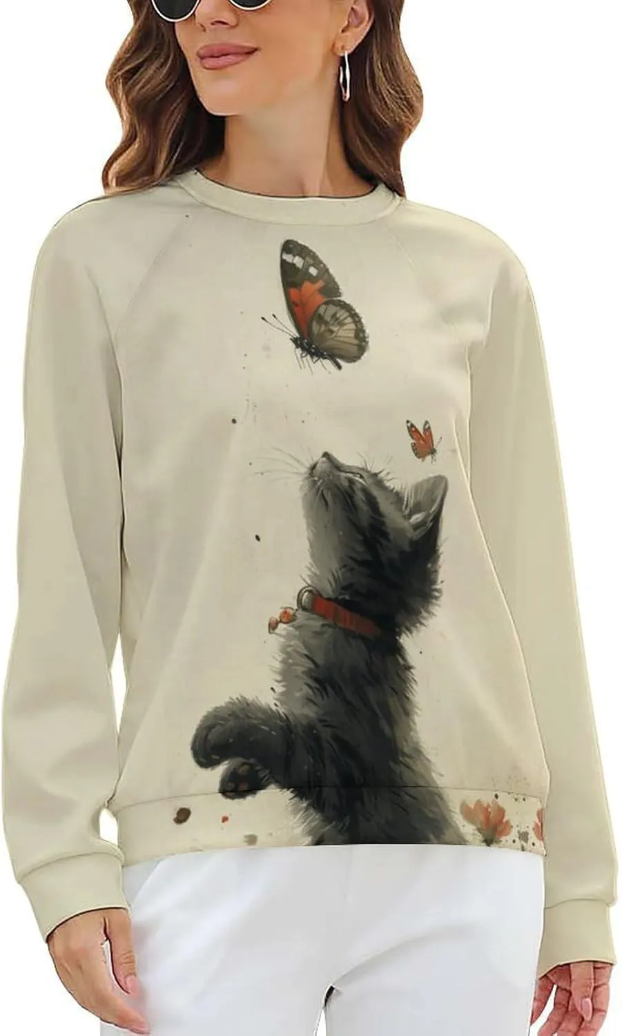 Sweatshirt for Women Cute Cat Print Crewneck Casual Vacation Cotton Fashion Funny Winter Oversized Sweaters