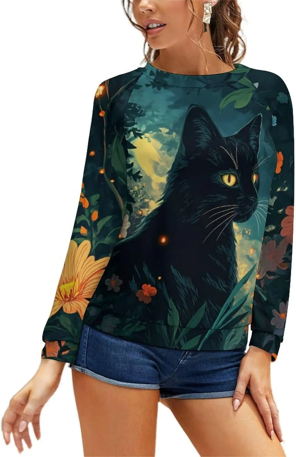 Sweatshirt for Women Cute Cat Print Crewneck Casual Vacation Cotton Fashion Funny Winter Oversized Sweaters
