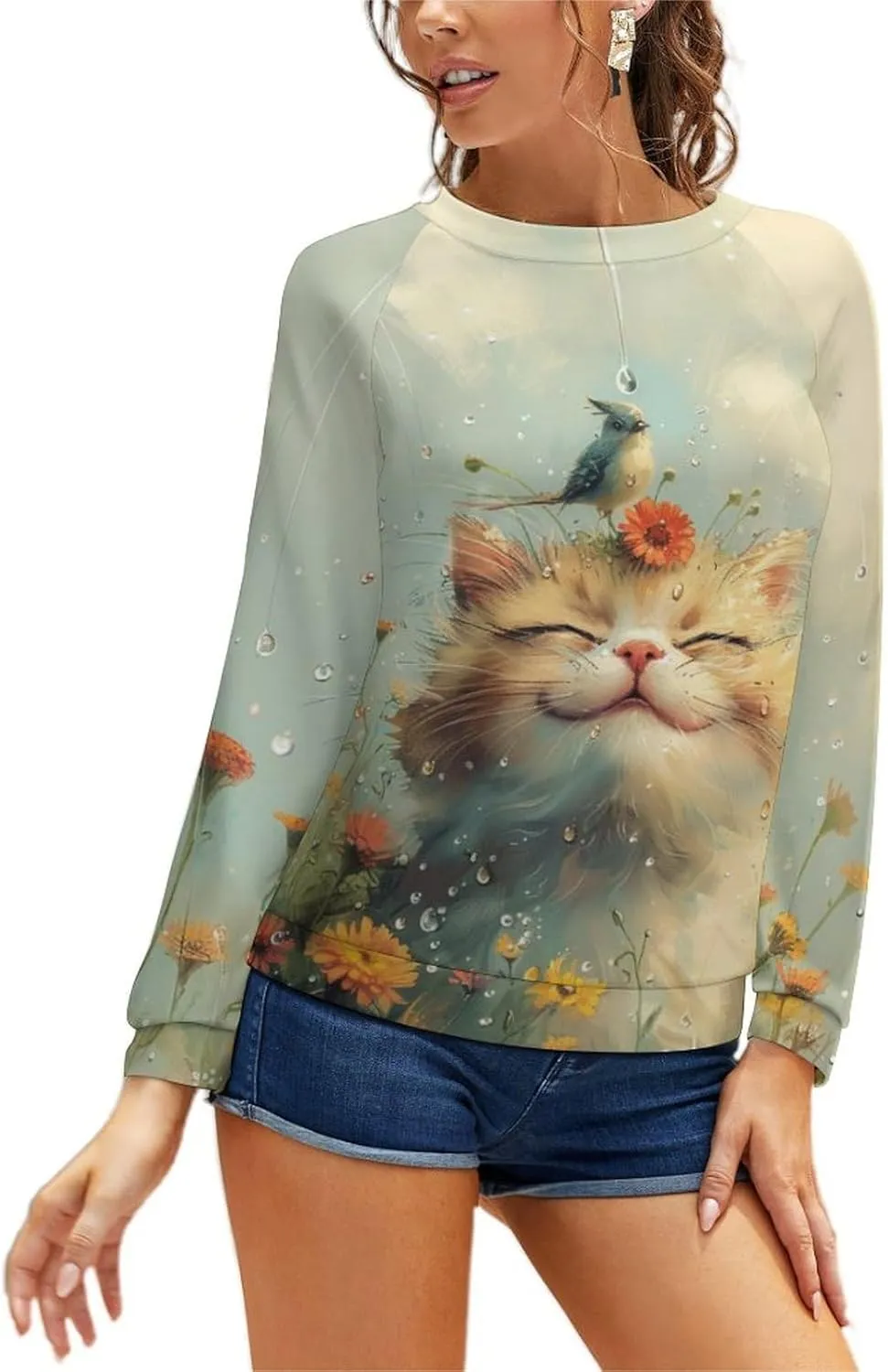 Sweatshirt for Women Cute Cat Print Crewneck Casual Vacation Cotton Fashion Funny Winter Oversized Sweaters