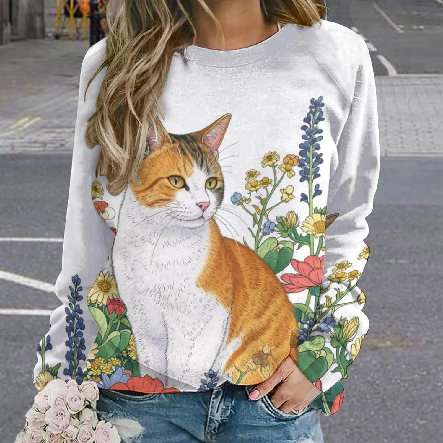 Sweatshirt for Women Cute Cat Print Crewneck Casual Vacation Cotton Fashion Funny Winter Oversized Sweaters