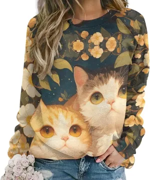 Sweatshirt for Women Cute Cat Print Crewneck Casual Vacation Cotton Fashion Funny Winter Oversized Sweaters