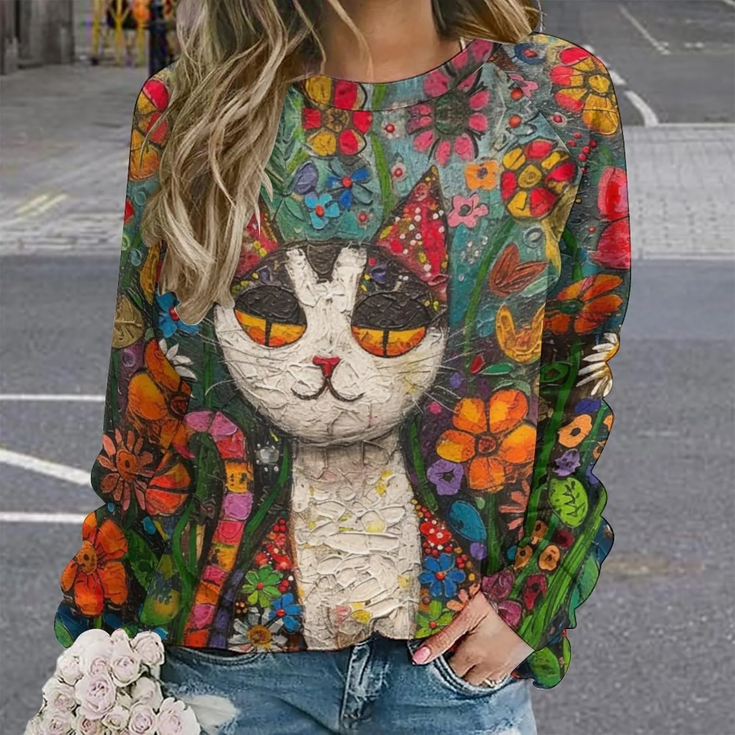 Sweatshirt for Women Cute Cat Print Crewneck Casual Vacation Cotton Fashion Funny Winter Oversized Sweaters