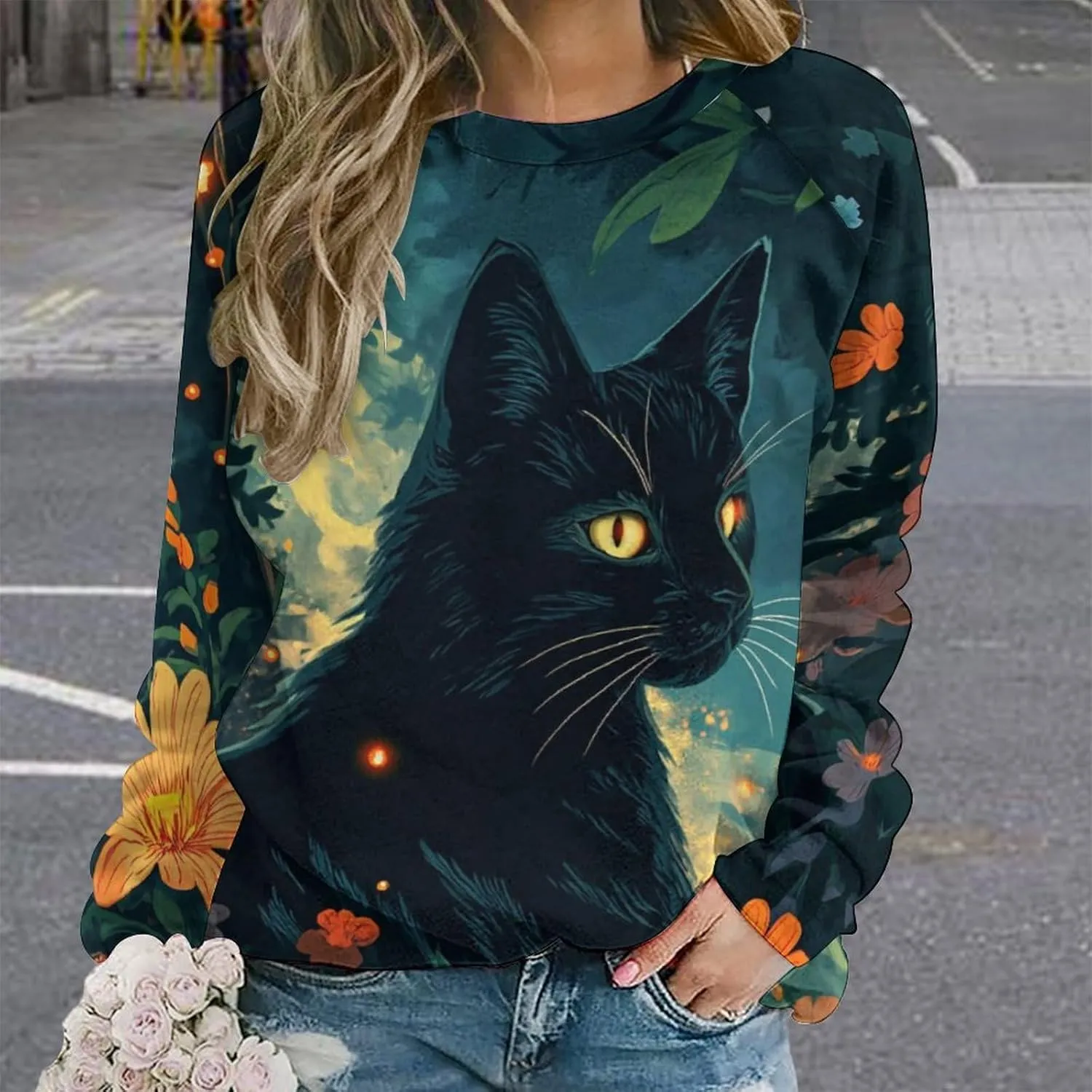 Sweatshirt for Women Cute Cat Print Crewneck Casual Vacation Cotton Fashion Funny Winter Oversized Sweaters