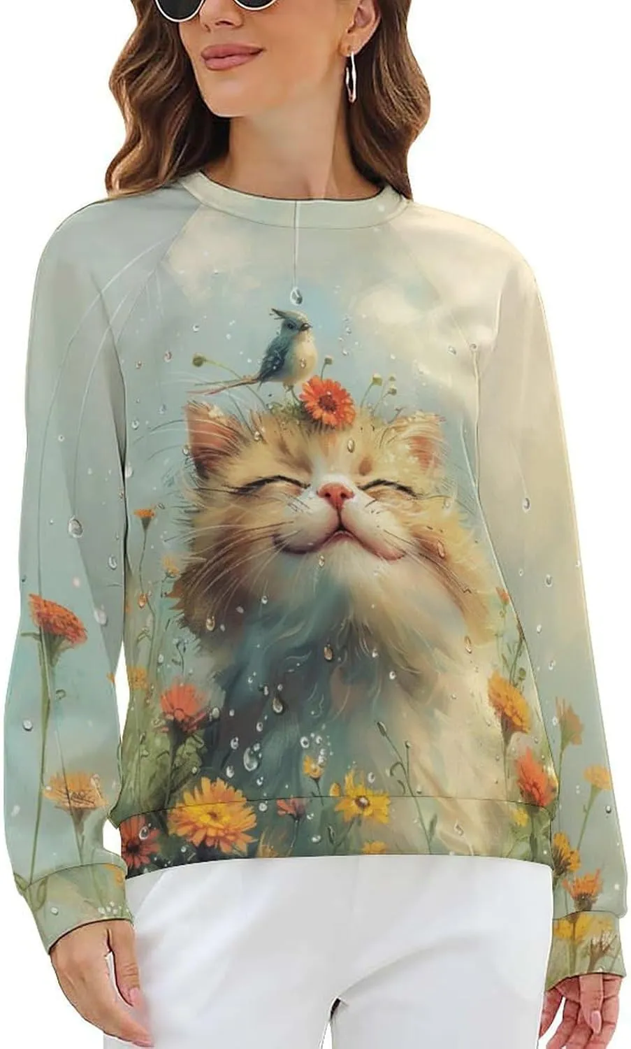 Sweatshirt for Women Cute Cat Print Crewneck Casual Vacation Cotton Fashion Funny Winter Oversized Sweaters