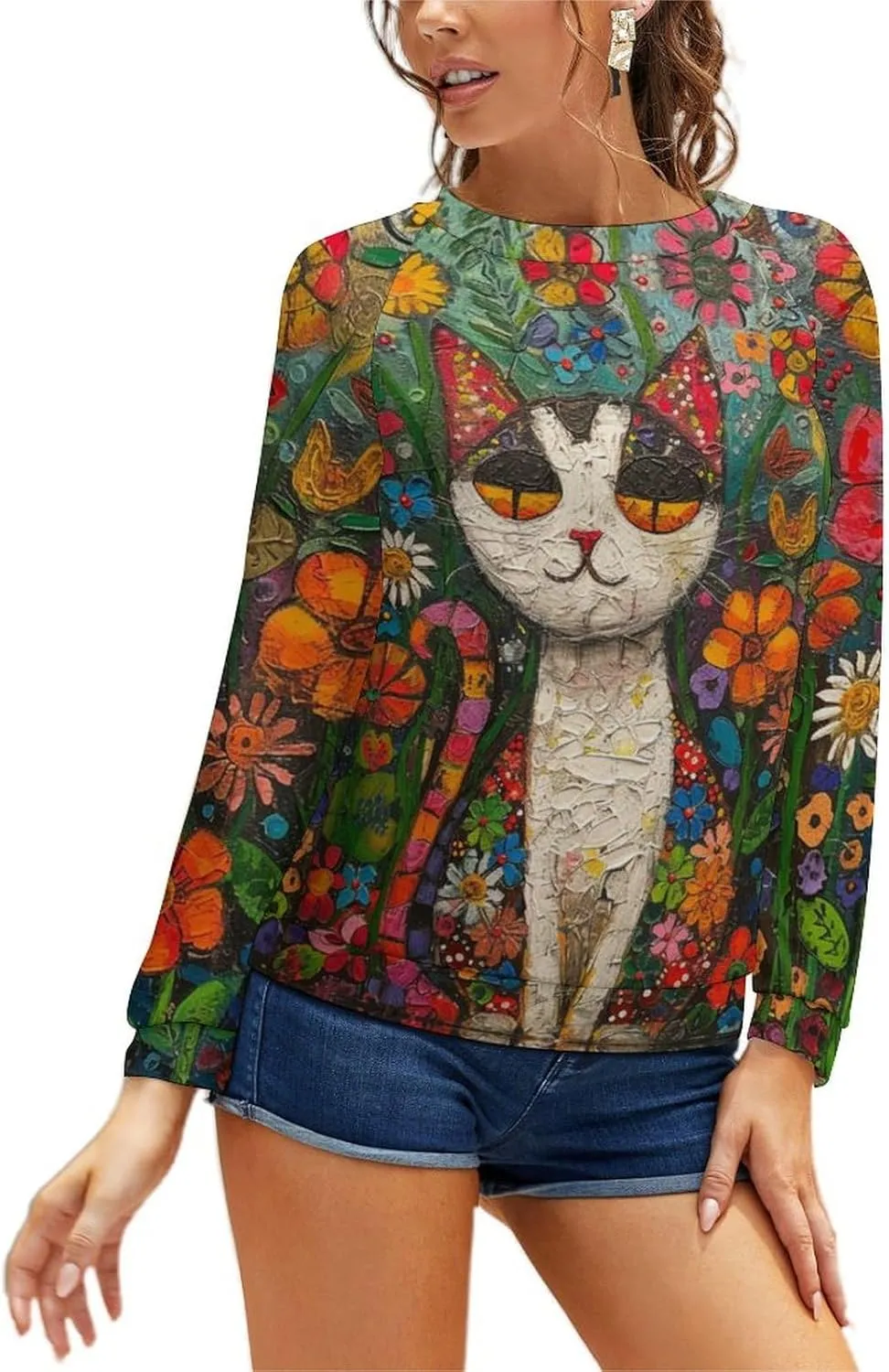 Sweatshirt for Women Cute Cat Print Crewneck Casual Vacation Cotton Fashion Funny Winter Oversized Sweaters