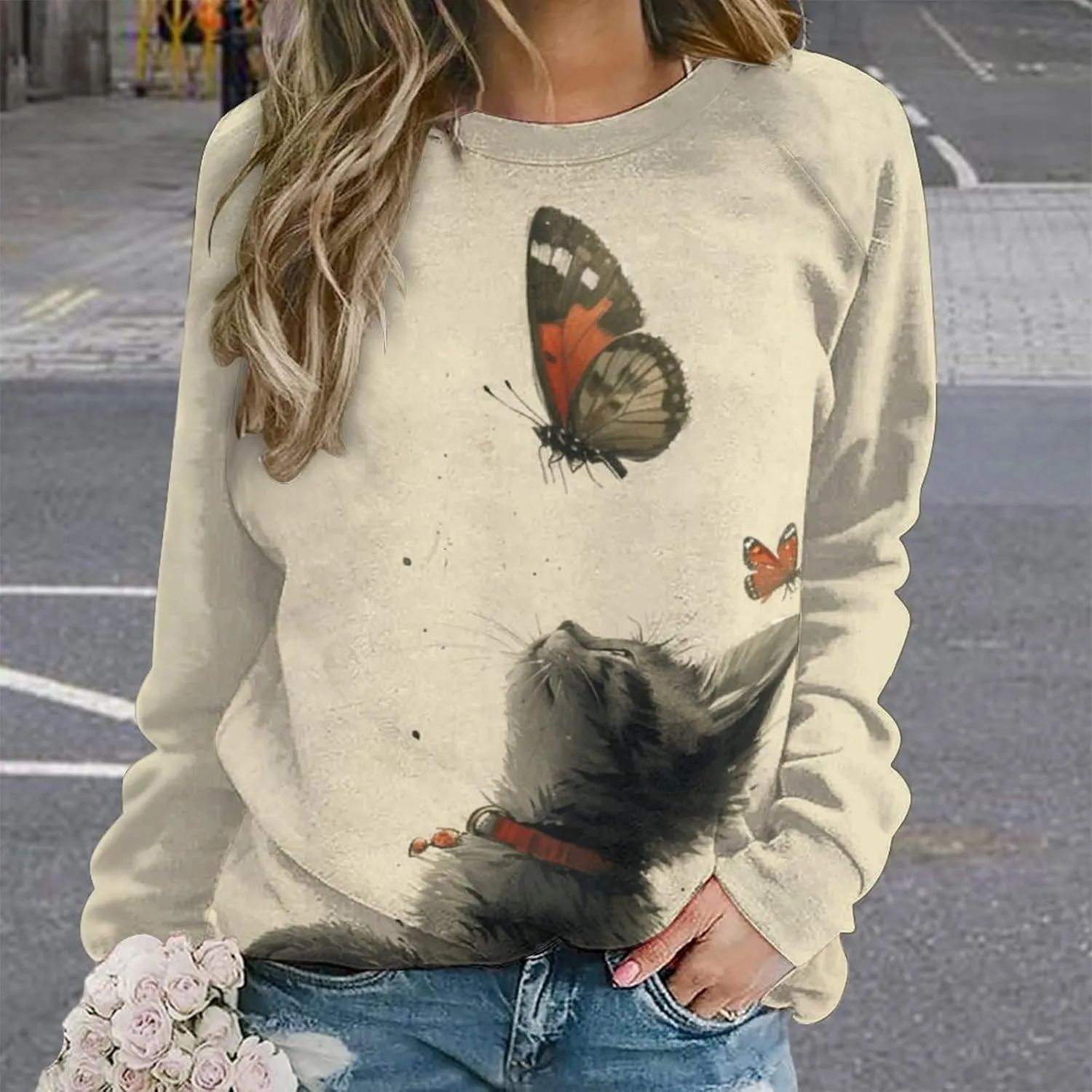 Sweatshirt for Women Cute Cat Print Crewneck Casual Vacation Cotton Fashion Funny Winter Oversized Sweaters